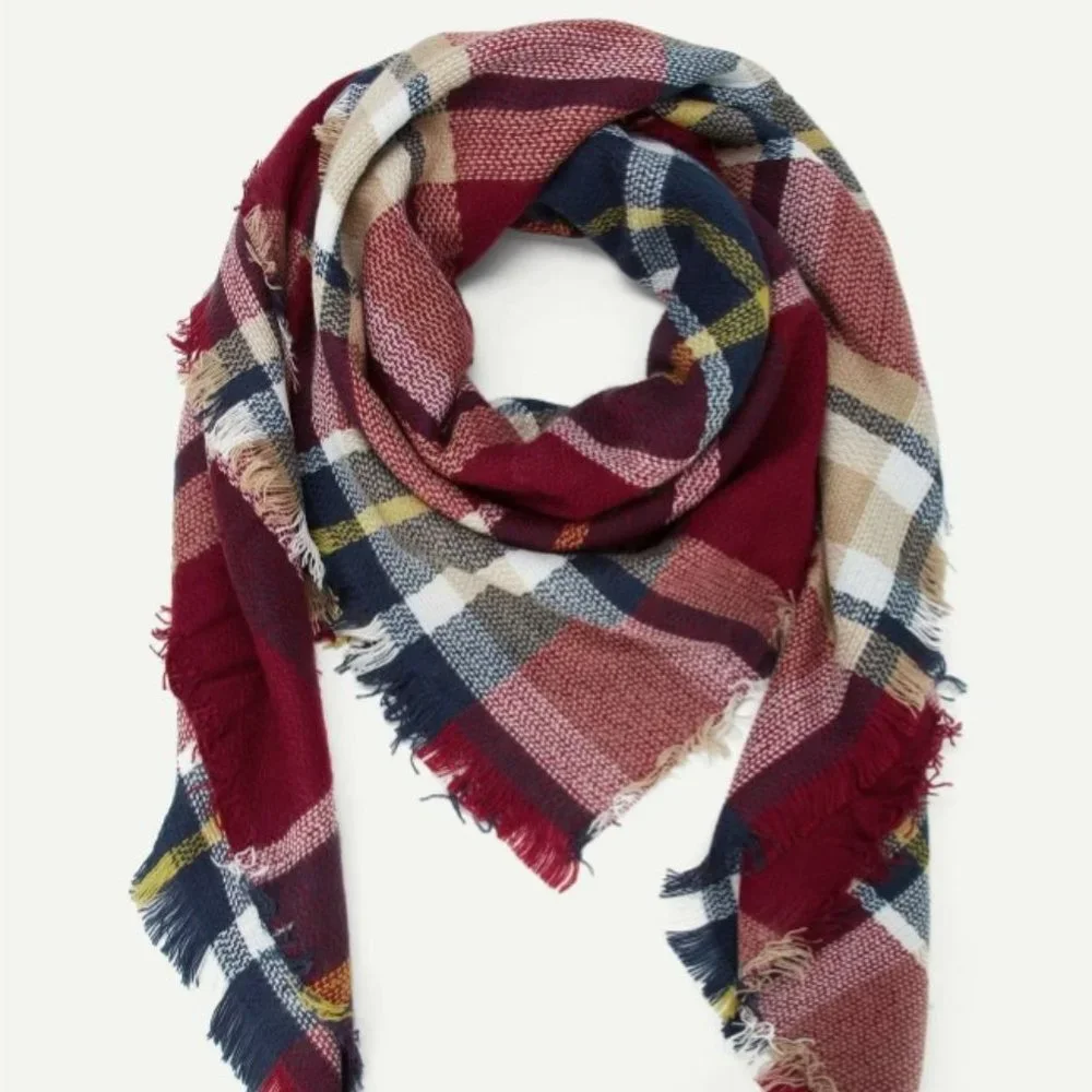 Oversized Plaid Blanket Scarf Red Navy Beige Soft Fringe Wrap Shawl Winter